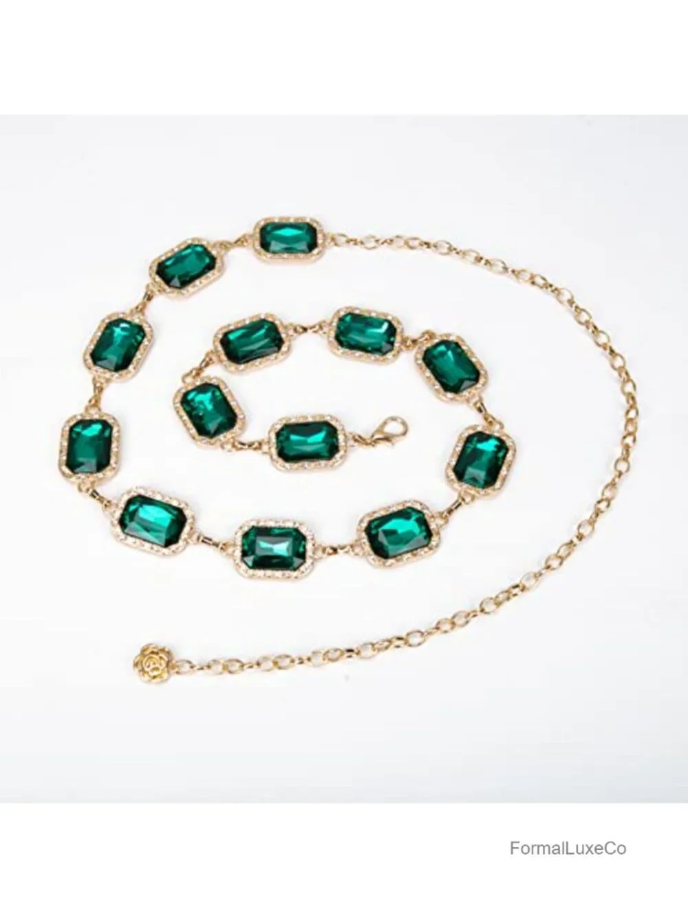 Green Glass Diamond Chain Belt - Metal Western Style Dress Belt